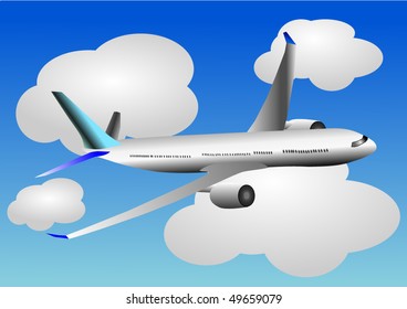 Vector illustration of airplane or airbus plane flying between the clouds in the sky