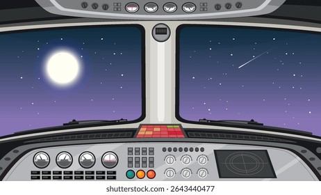 Ilustração vetorial do interior de uma cabina de pilotagem de avião com vista para o céu noturno. Possui controles detalhados e um fundo celeste sereno