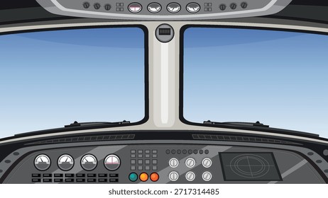 Ilustración vectorial del interior de la cabina de un avión, mostrando paneles de instrumentos detallados y una clara vista del cielo a través del parabrisas