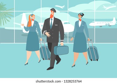 Vector illustration of an airplane crew at the airport. Aircraft crew in cartoon style