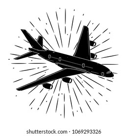 Vector illustration with Airplane and divergent rays. Used for poster, banner, web, t-shirt print, bag print, badges, flyer, logo design and more. 