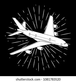 Vector illustration with Airplane and divergent rays. Used for poster, banner, web, t-shirt print, bag print, badges, flyer, logo design and more. 