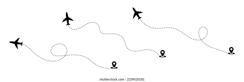 Vector illustration of Airplane dotted line route icon set isolated