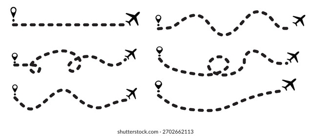 Ilustración vectorial de un avión con una línea punteada que indica su trayectoria de vuelo. Marcadores de Locación, mapa, sinuoso, recto, curvo.