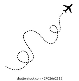 Vector illustration of an airplane with a dotted line indicating its flight path. Location markers, map, winding, straight, curved.