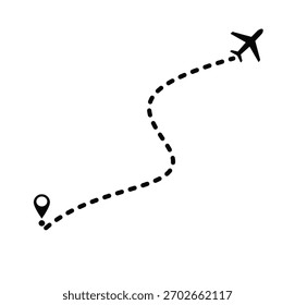 Ilustración vectorial de un avión con una línea punteada que indica su trayectoria de vuelo. Marcadores de Locación, mapa, sinuoso, recto, curvo.