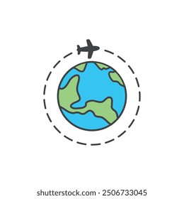 vector illustration of an airplane and the earth, globe, flight path, symbol around the world.