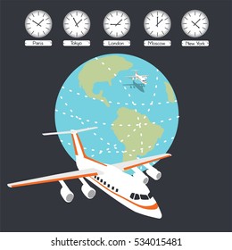 Vector illustration. Airplane, earth and time zones.