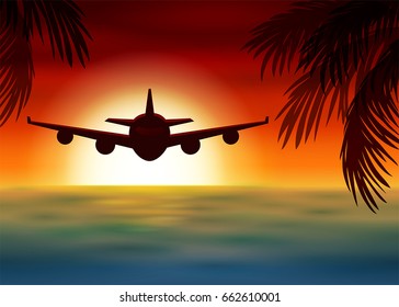 Vector illustration of airplane flies over the sea at sunset