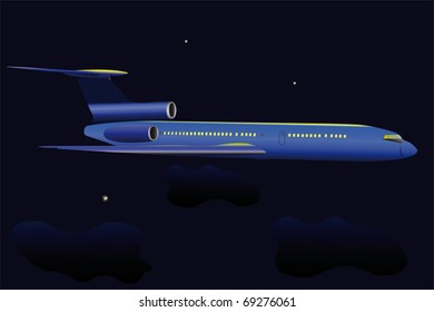 Ilustración vectorial de las moscas de avión bajo el cielo nocturno