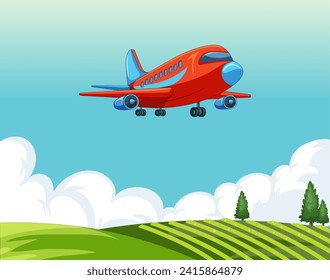 Ilustración vectorial del avión en vuelo sobre el campo