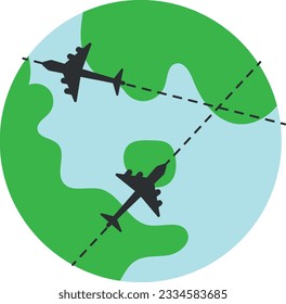 Vector illustration of airplane flights crossing the planet earth. Airlines and flights. Air Transport.