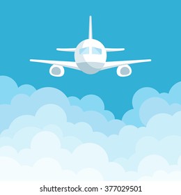 Vector illustration of airplane flying above the clouds