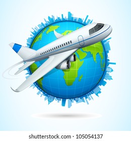 vector illustration of airplane flying around earth with cityscape