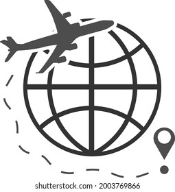 Ilustración vectorial de un avión que vuela alrededor de la tierra hasta su destino. La ruta de vuelo. Imagen aislada en un fondo blanco.