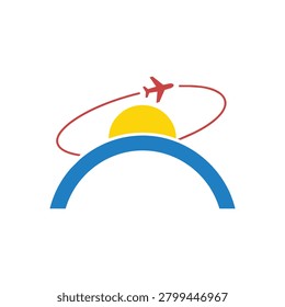 Vector illustration of airplane flying around sun, symbolizing travel and adventure.