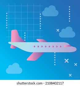 Vector illustration of an airplane flying in the clouds, on a blue high-tech background. For the design of social networks or other infographics and banners.