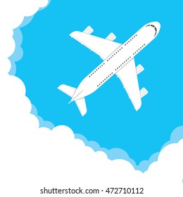 Vector illustration of a airplane flying in a cloudy sky