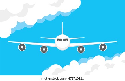 Vector illustration of a airplane flying in a cloudy sky