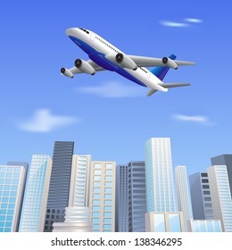 vector illustration of airplane flying over skyscrape building
