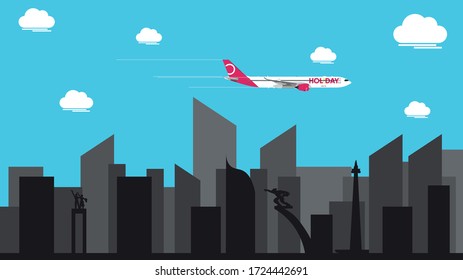 Vector Illustration of Airplane Flying over City Skylines