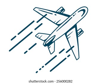 Vector illustration of airplane flying right up leaving a trail on white background. Black and white color line art design for web, site, advertising, banner, poster, board and print.