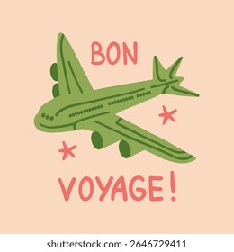 Ilustração vetorial de um avião voando no céu com o texto Bon Voyage. Design plano minimalista, perfeito para viagens, aviação, viagens aéreas, férias.