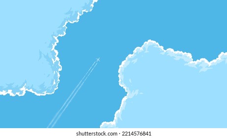 vector illustration of an airplane flying through between 2 clouds in the sky