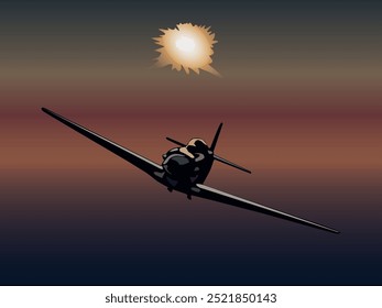 Vector illustration of an airplane flying in the twilight sky against the distant sun, for the design of prints and illustrations on the theme of the Second World War