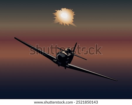 Vector illustration of an airplane flying in the twilight sky against the distant sun, for the design of prints and illustrations on the theme of the Second World War