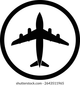 Vector illustration of an airplane icon inside a circle, isolated on white. Simple, black silhouette. Perfect for travel themes.