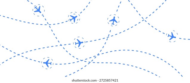 Vector illustration of airplane icons with dotted flight paths on a white background. Concept for air travel, global logistics, transportation networks, and tourism.