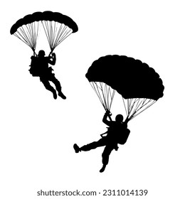 Vector illustration. Airplane jump. Silhouette of two skydivers. Flight in the air.