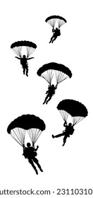 Vector illustration. Airplane jump. Silhouette of a group of skydivers. Flight in the air.