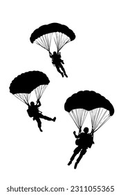 Vector illustration. Airplane jump. Silhouette of a group of skydivers. Flight in the air.