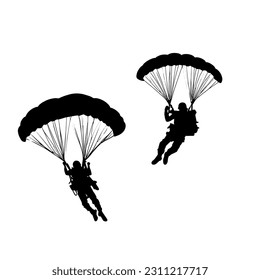 Vector illustration. Airplane jump. Silhouette of two skydivers. Flight in the air.