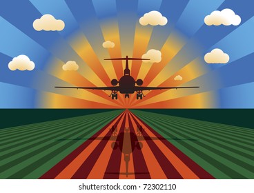 Vector Illustration of Airplane Landing at Sunset