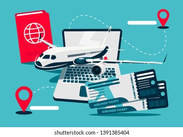 Vector illustration of airplane, laptop, plane tickets, international passport, flight from one place to another place, air transportation template