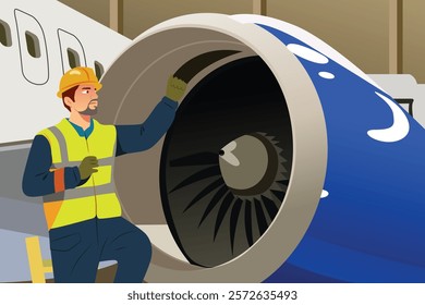 A vector illustration of Airplane Maintenance Worker Engineer Technician Working