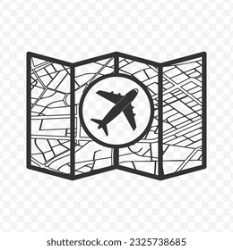 Vector illustration of airplane map icon in dark color and transparent background(PNG).