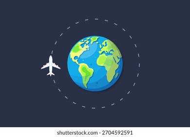 Ilustração vetorial de um avião orbitando acima da Terra, transportando viagens globais, aviação e conectividade.