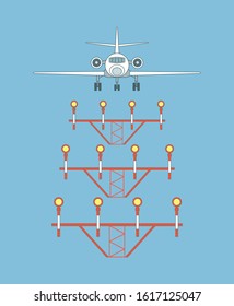 Vector illustration of airplane over landing lights, front view. Isolated on blue background. Each object is grouped individually. Can be used for graphic design, textile design or web design.