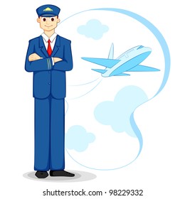 vector illustration of airplane pilot with flying airplane on backdrop