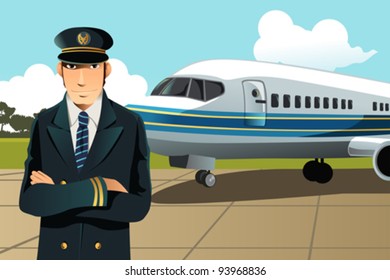 A vector illustration of an airplane pilot in front of the plane at the airport