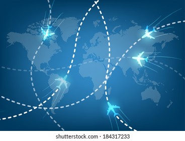 Vector Illustration of Airplane Routes at map