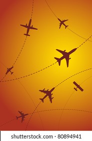 Vector Illustration of Airplane Routes at Sunset