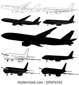 Vector illustration of airplane silhouettes set