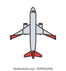 
vector illustration of an airplane with a simple design, seen from above, with gray colors and red accents.