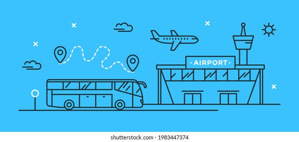 Vector illustration with an airplane in the sky, an airport building and a bus stop. Transfer concept. The route of the trip. Stylish linear icon of bus, airport terminal. Travel and transport theme.