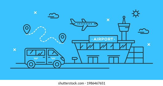 Vector illustration with airplane in the sky, airport building and taxi van. Transfer concept. The route of the trip. Stylish linear icons of airport terminal and minibus. Travel and transport.